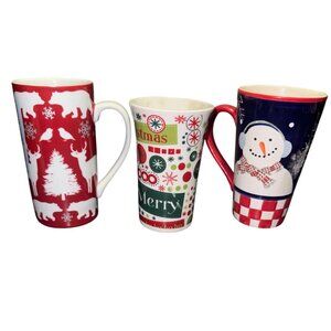 Set Of 3 Christmas Themed Porcelain Mugs